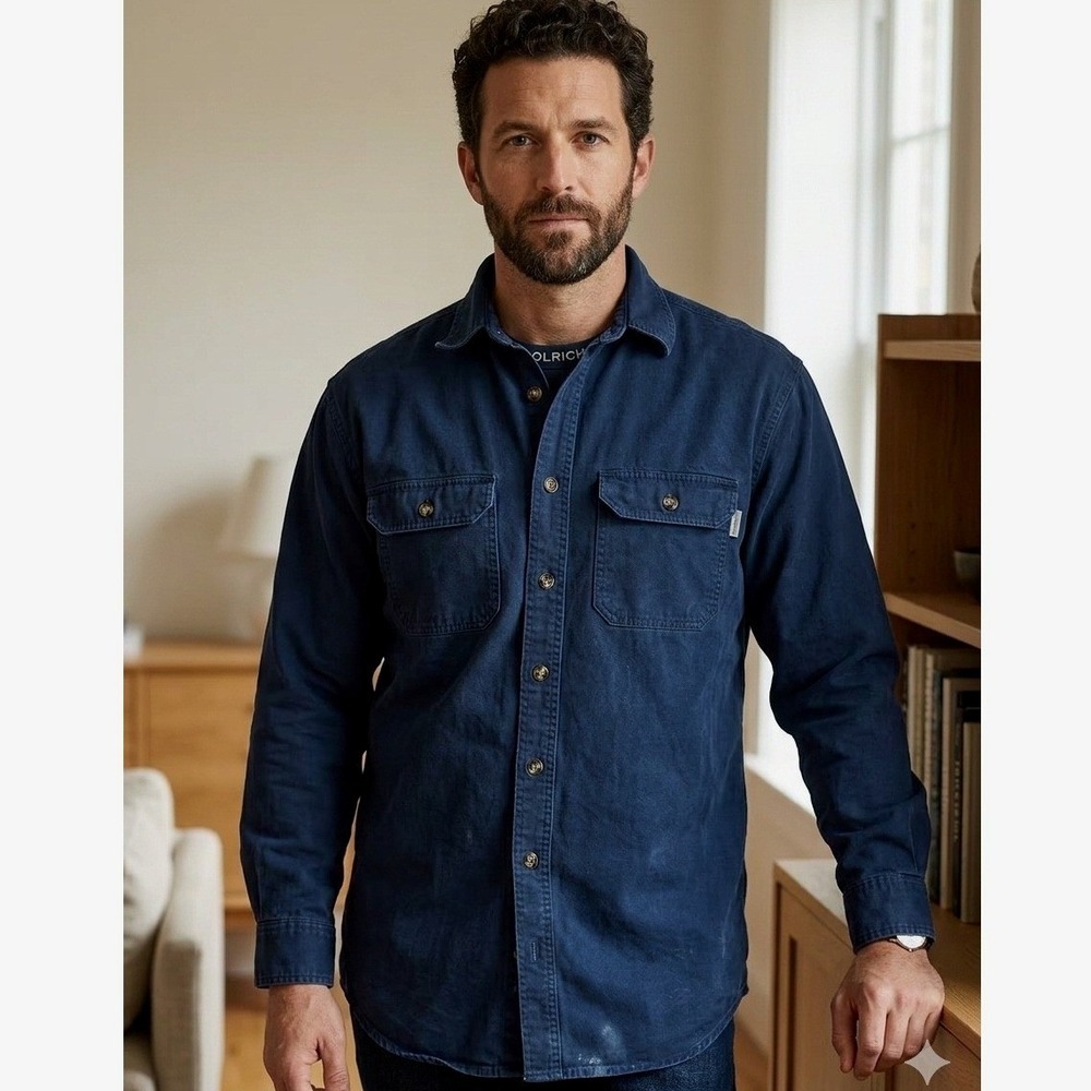Woolrich Long Sleeve Cotton Canvas Utility Work Flannel Shirt Button Navy XLT XL